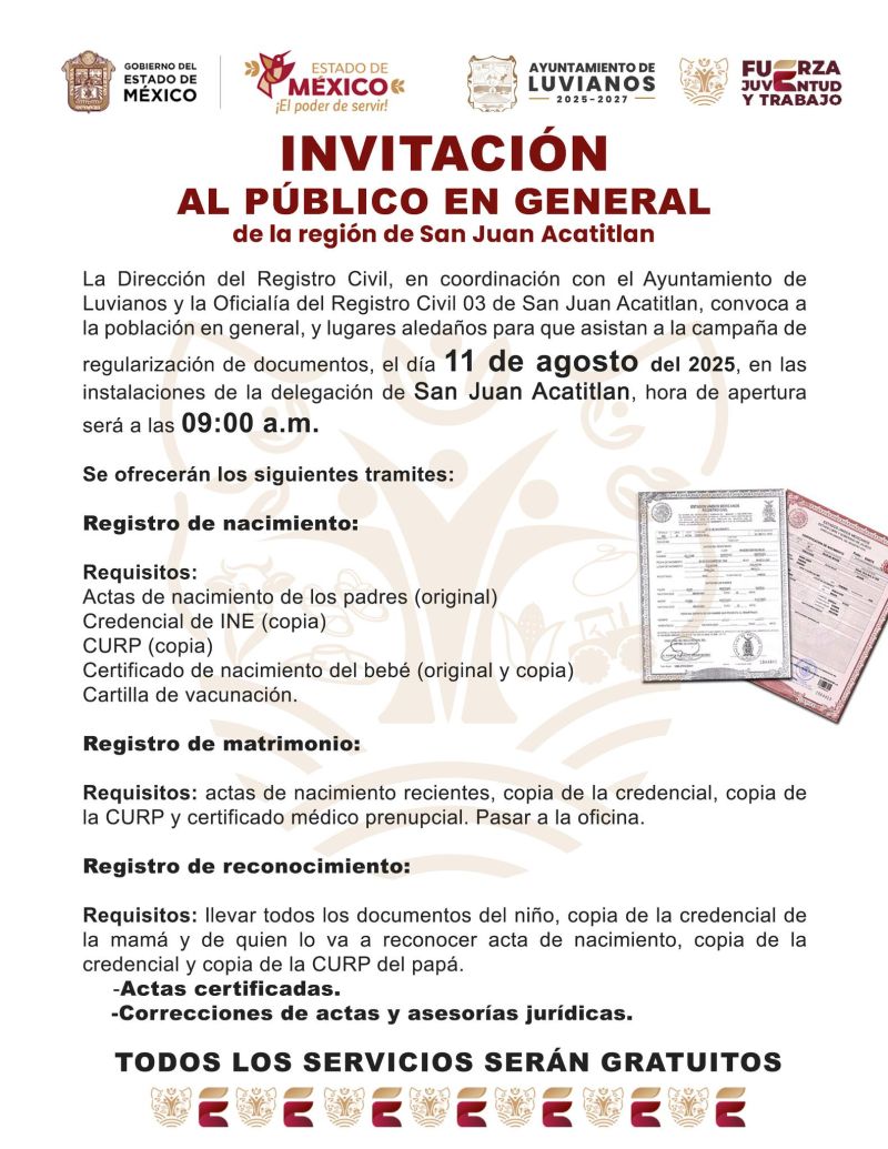 Registro Civil de Acatitlán invita a regularización de tus documentos