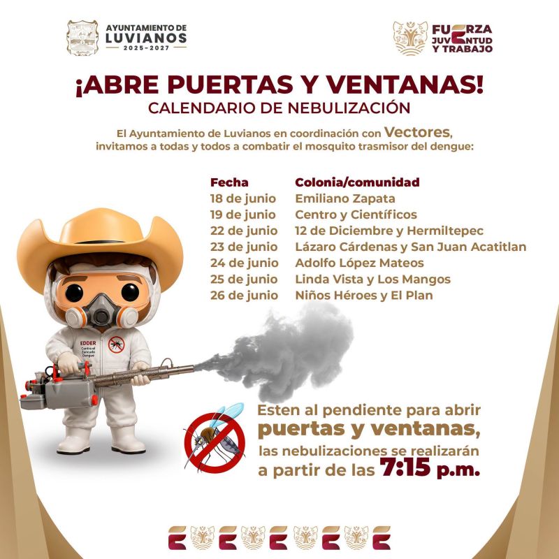 Calendario de nebulización para combatir al mosquito transmisor del dengue